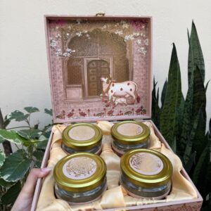 4 JAR BOX MDF WITH SATIN ( JARS INCLUDED) +packaging 50/-
